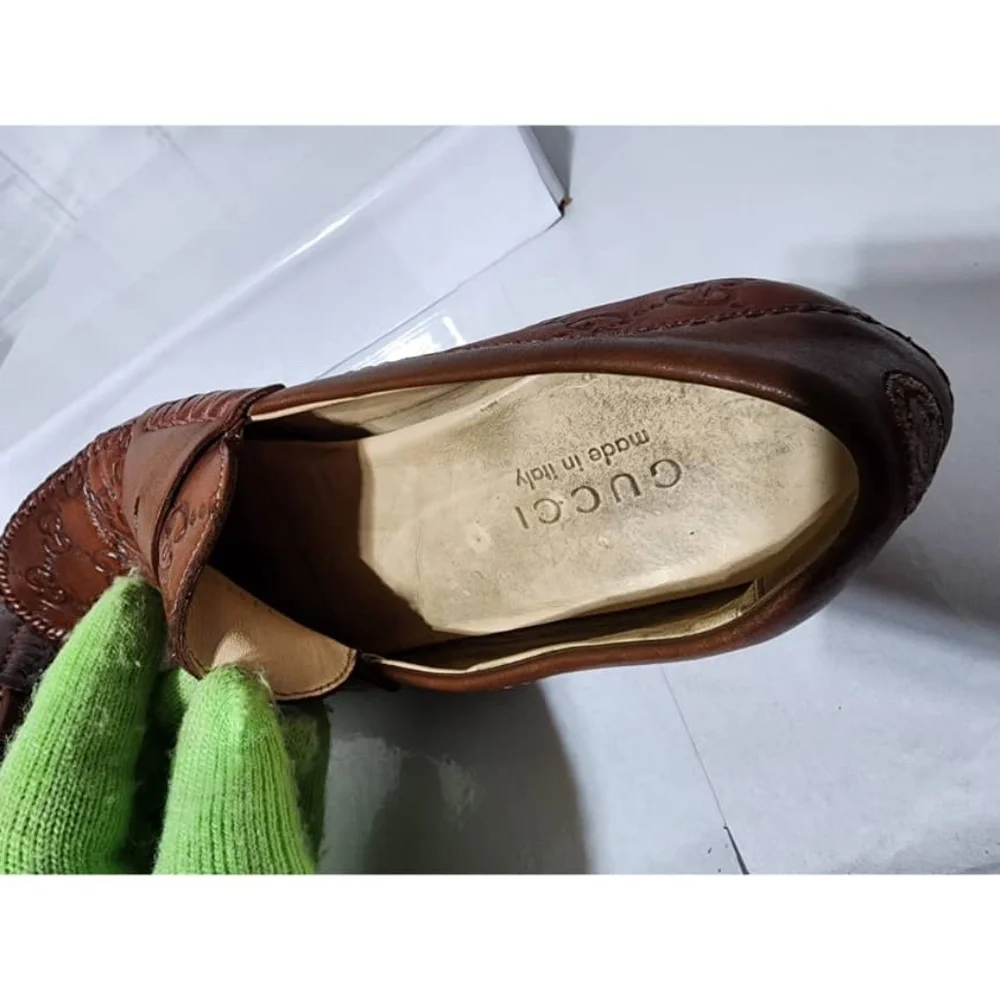 Authentic Gucci Cognac Leather Upper Geometric Loafers Brown Size 5.5 - Picture 14 of 16